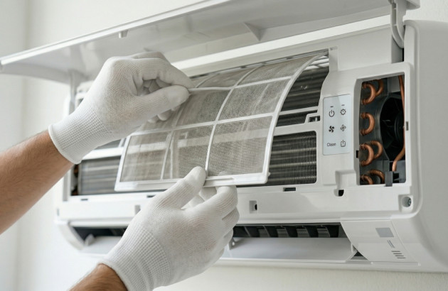 Professionnel réalisant l’entretien et le nettoyage des filtres d’une climatisation