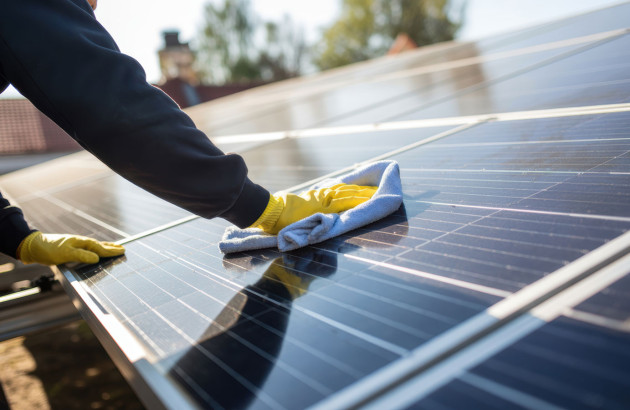 Homme qui frotte des panneaux solaires avec un chiffon pour les nettoyer
