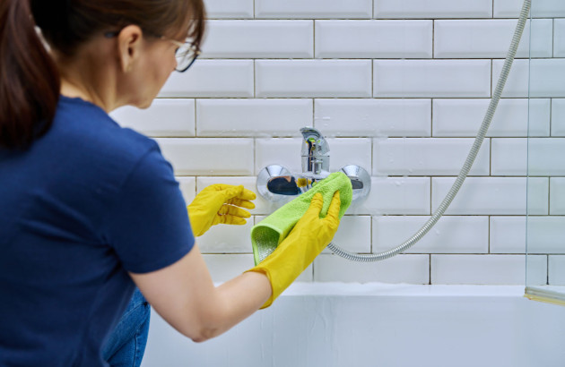 Femme qui nettoie un mitigeur de douche