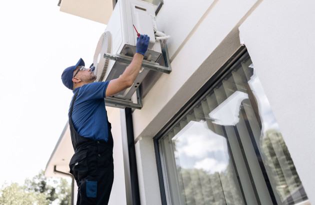 Technicien installant une unité extérieure de climatisation sur la façade d’une maison.