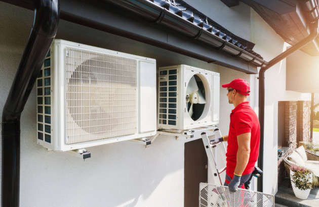 Technicien intervenant sur les unités extérieures d’un système de climatisation ou d’une pompe à chaleur.
