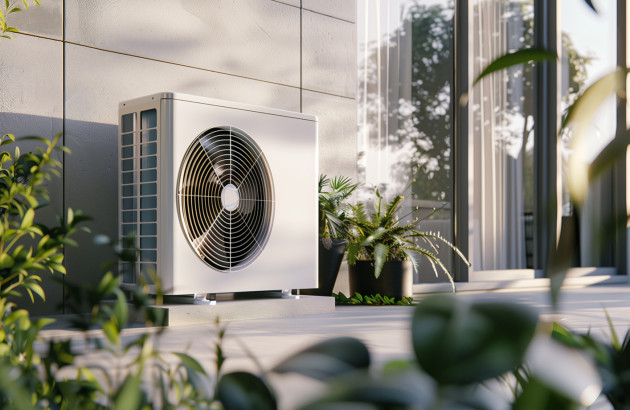 Pompe à chaleur extérieure blanche installée sur une terrasse moderne, à proximité d’une baie vitrée et de plantes.