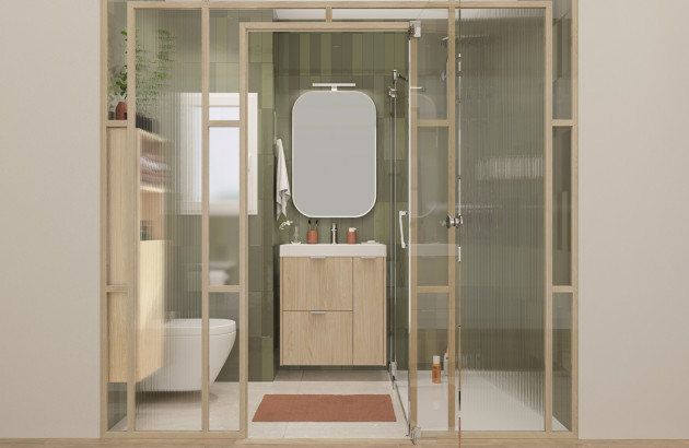 Salle de bains compacte avec cloison vitrée et meuble bois