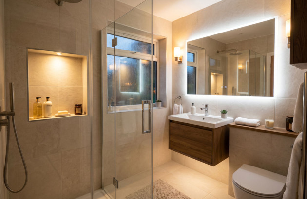 Salle de bains compacte avec douche vitrée et miroir lumineux.