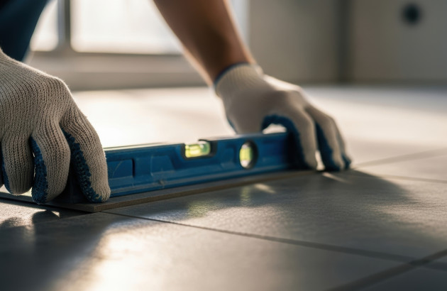 Homme qui utilise un niveau pour vérifier la planéité de sa pose de carrelage