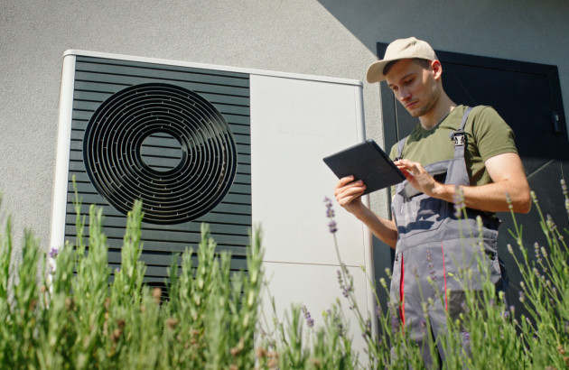 Installation extérieure de pompe à chaleur avec contrôle des performances énergétiques.