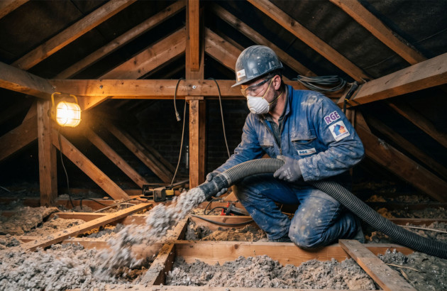 Artisan réalisant des travaux d’isolation des combles avec soufflage de matériaux isolants.