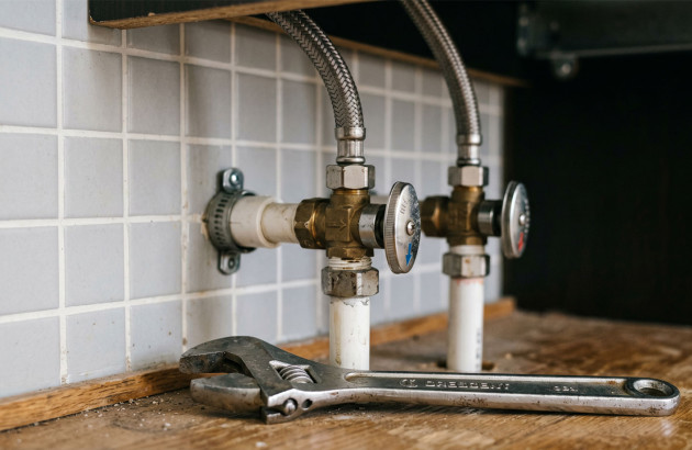 Arrivées d’eau et flexibles de raccordement situés sous un meuble de salle de bains.