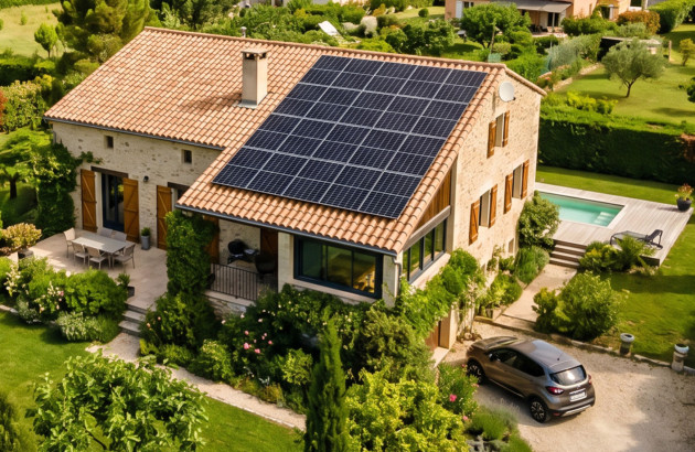 Vue aérienne d’une maison rénovée avec panneaux photovoltaïques et environnement paysager.