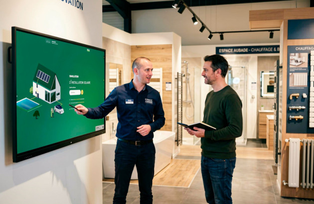 Conseiller en showroom expliquant une solution de rénovation énergétique sur écran interactif.