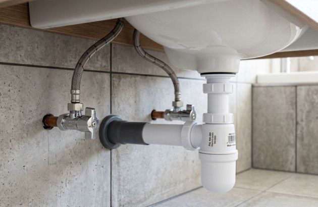 Raccordement de la plomberie et du siphon sous une vasque de salle de bains.