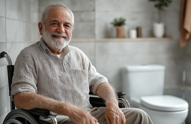 Homme agé sur un fauteuil roulant dans une salle de bains