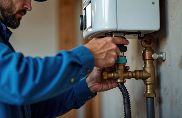 Homme qui interragit avec un chauffe-eau