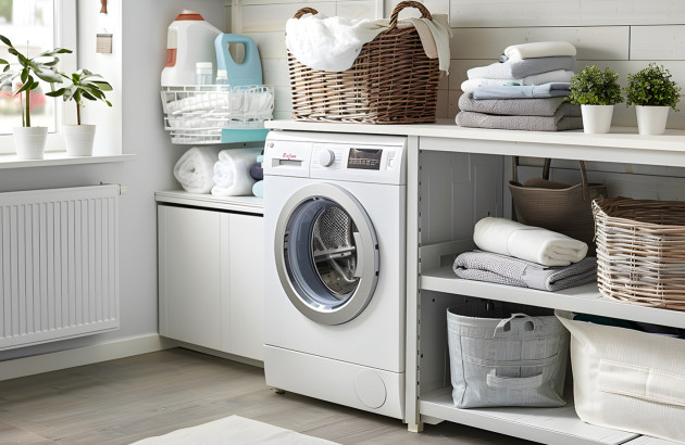 Espace buanderie dans une salle de bains avec une machine à laver