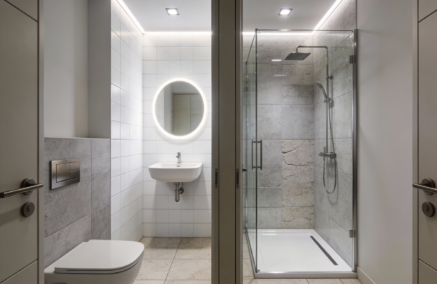 Salle de bains avec une douche dans un placard