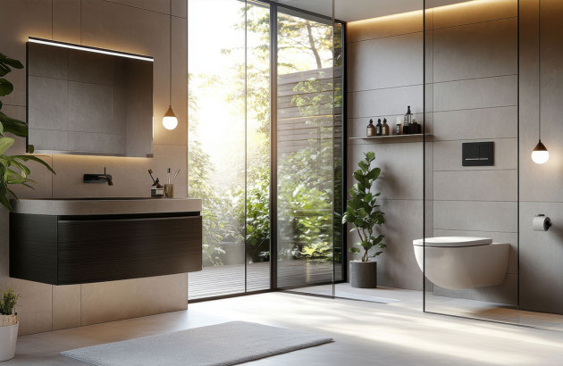 salle de bains moderne avec toilettes suspendues dont un meuble vasque foncé et grande baie vitrée laissant entrer la lumière naturelle