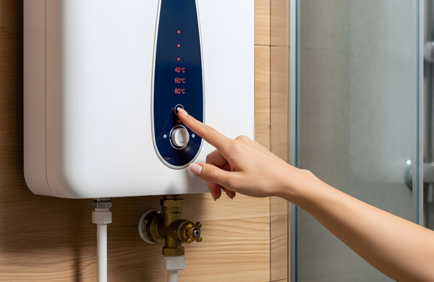 Femme qui appuie sur le bouton de son chauffe-eau