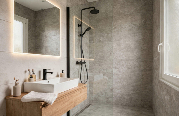 Salle de bains design avec douche italienne, robinetterie noire mate et carrelage effet béton gris.