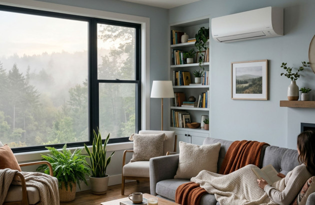 Salon moderne avec climatiseur mural réversible et ambiance cocooning pendant une journée fraîche.