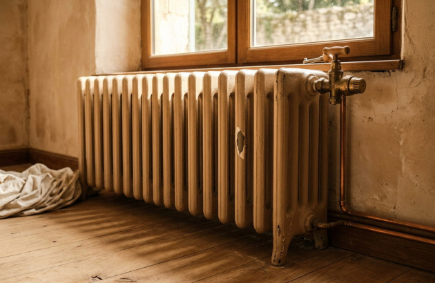 Ancien radiateur en fonte raccordé au circuit de chauffage d’une maison.
