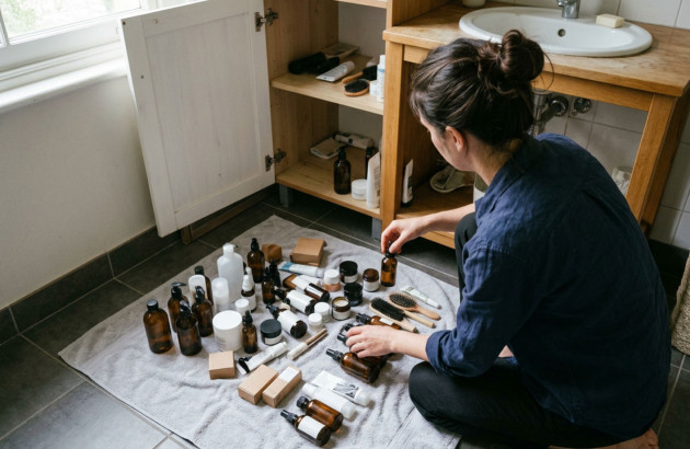 Femme qui fait le point sur tous les produits dans sa salle de bains pour faire du rangement