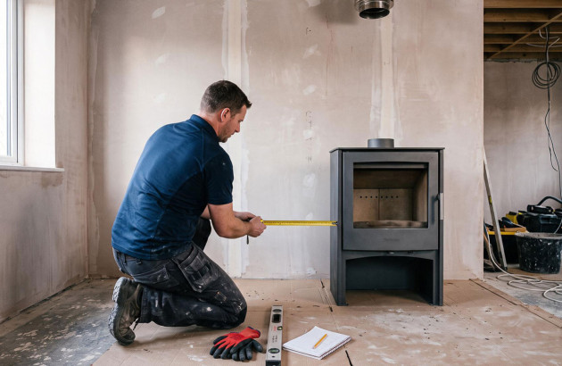 Professionnel qui mesure l'espace autour d'un poêle à bois dans une maison