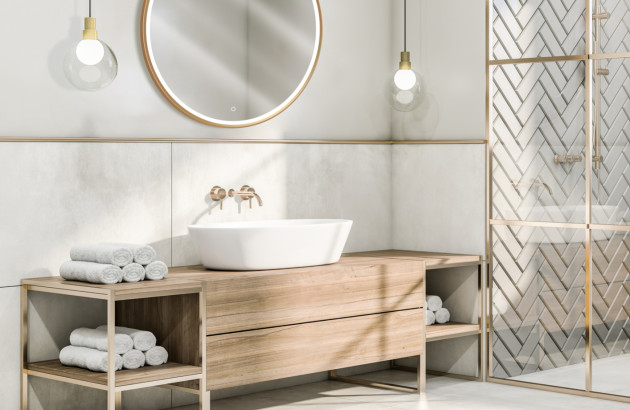 Meuble vasque Japandi en bois clair avec vasque blanche à poser, robinetterie laiton brossé, miroir rond et douche vitrée.