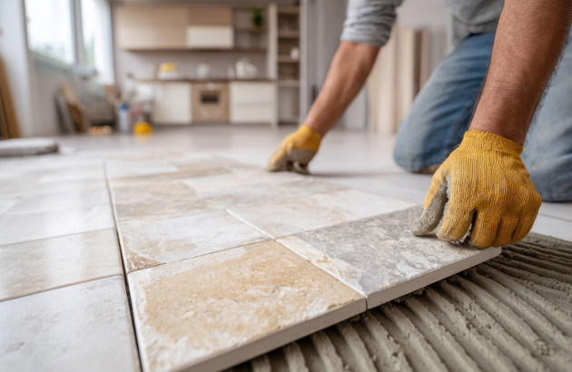 Homme qui pose des petits carreaux de carrelage au sol sur un mortier colle