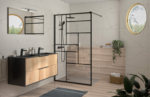 Ambiance de salle de bains en bois avec la collection NATUREL INDUSTRIEL par AUBADE CRÉATION