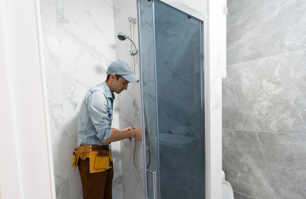 Homme en train de fixer une barre de douche sur le mur de la douche