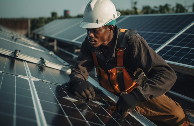 Professionnel RGE qui fixe un panneau solaire sur un toit