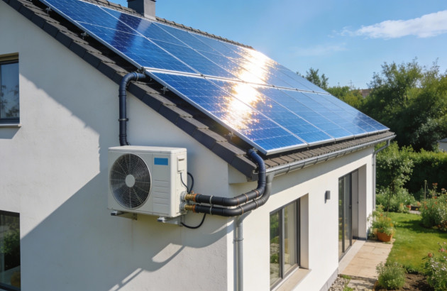 Panneaux solaires couplés à une pompe à chaleur installés sur le toit et le mur d'une maison