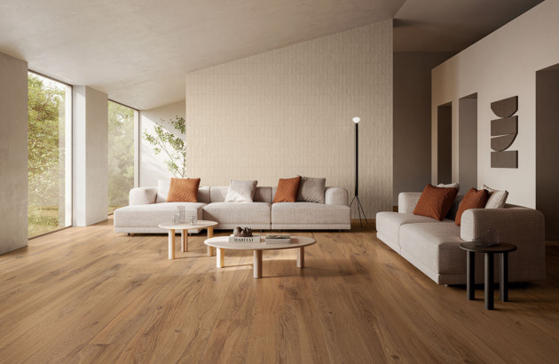 grand salon équipé de carrelage imitation parquet grand format