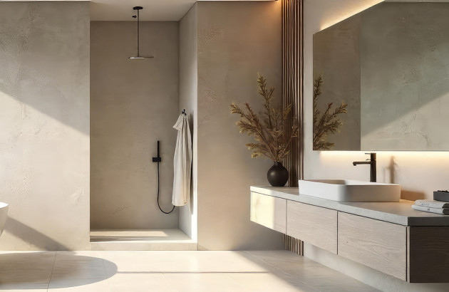 Salle de bains avec douche italienne et carrelage grand format clair