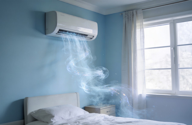 Climatiseur diffusant de l’air frais dans une chambre pour améliorer le confort pendant les fortes chaleurs.