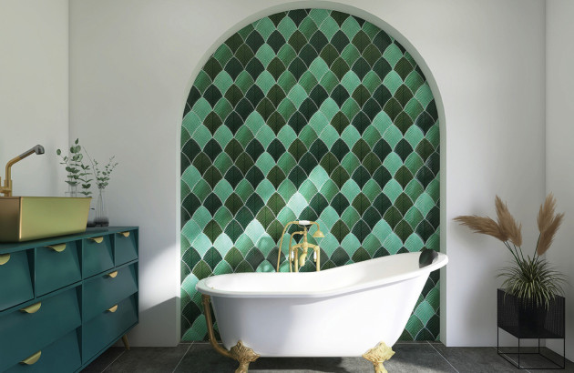 Habillage mural avec carrelage à motifs de feuilles vertes