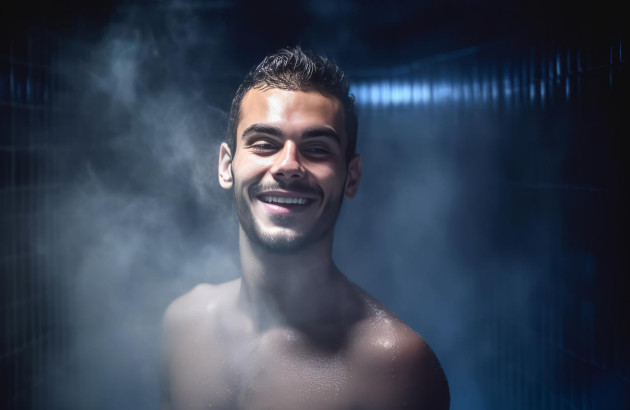 Homme heureux dans une pièce humide