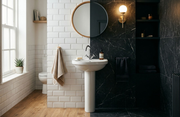 Comparaison entre une salle de bains claire avec carrelage métro blanc et une ambiance sombre effet marbre noir.
