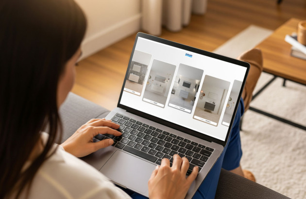 Femme qui utilise le configurateur de meubles Espace Aubade
