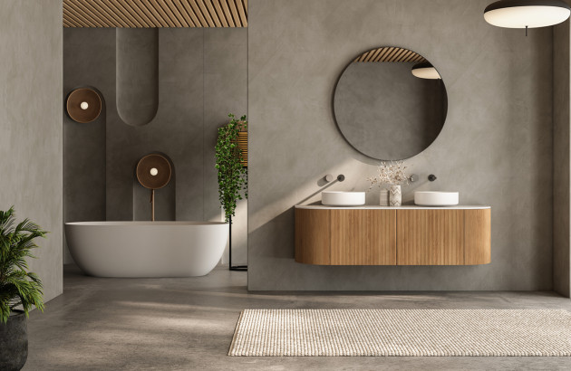 Salle de bains design avec double vasque, meuble bois et ambiance naturelle contemporaine.