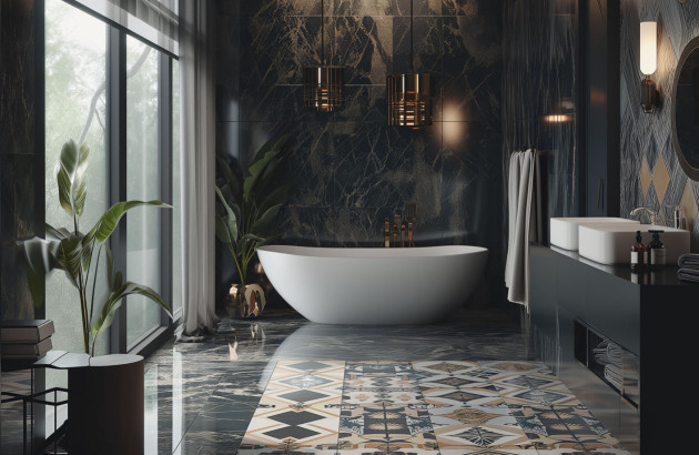 Carrelage baroque orange et gris salle de bains