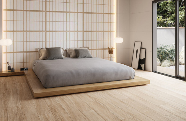 Carrelage effet bois dans une chambre à coucher