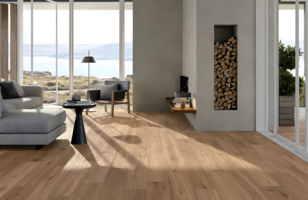 Carrelage effet parquet dans une pièce à vivre de maison de campagne