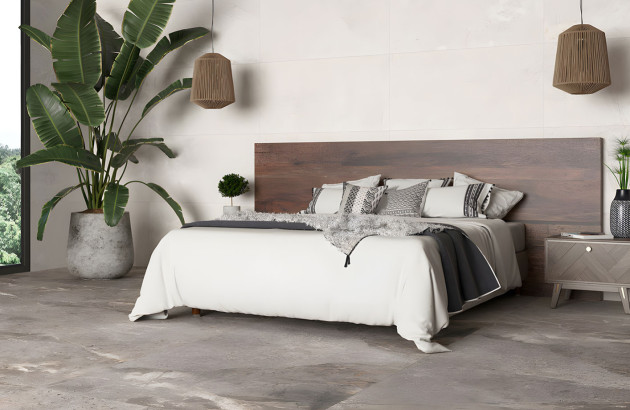 Chambre cosy habillée de carrelage gris