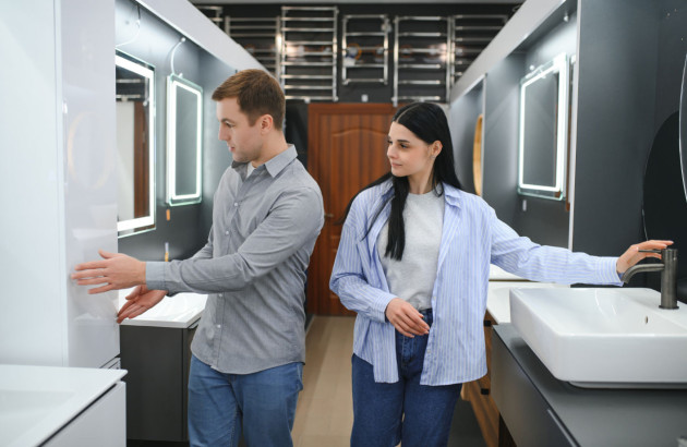 Couple en train de choisir un meuble de salle de bains dans un showroom