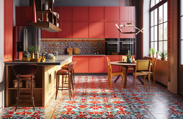 Cuisine avec carrelage baroque rouge
