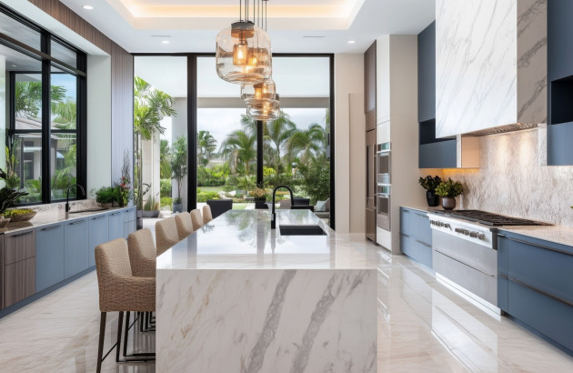 Cuisine moderne avec carrelage brillant imitation marbre