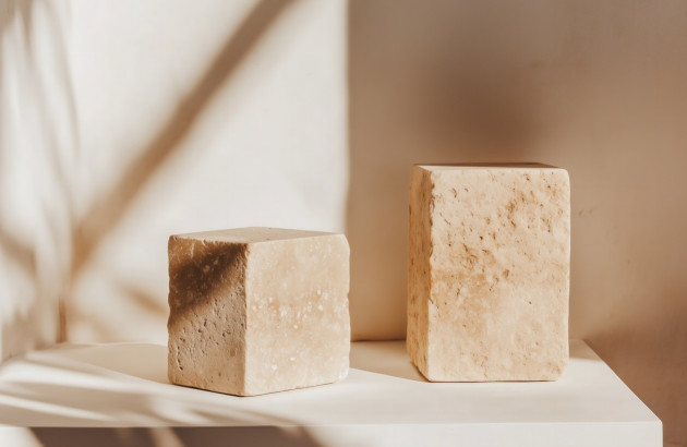 Deux cubes bruts en travertin sur une surface blanche.
