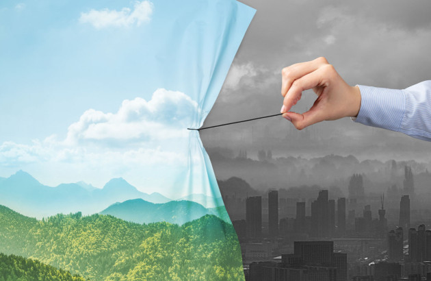 illustration montrant deux mondes différents, l'un pollué, l'autre vert et propre