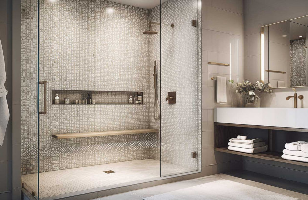 Douche moderne avec mosaïque et banc intégré 